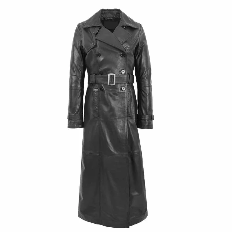 Women Matrix Black Leather Long Coat Luxury Cashmere Overcoat
