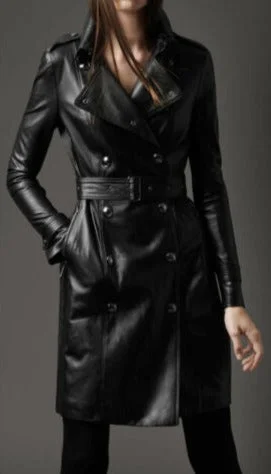 Women Military Style Black Leather Coat Soft Duster Overcoat