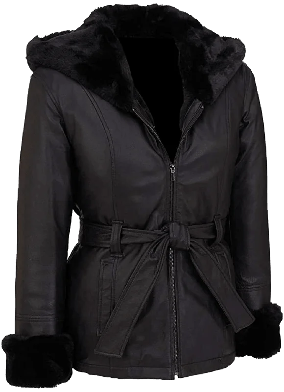 Women’s Furry Genuine Black Leather Faux Fur Coat With Hoodie | Womens Black Leather Jacket Faux Fur Sherling Coat Wrap-Style Wool Coat