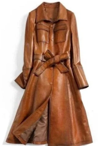 Women Stylish Italian Brown Waxed Leather Coat Asymmetrical Zip Overcoat