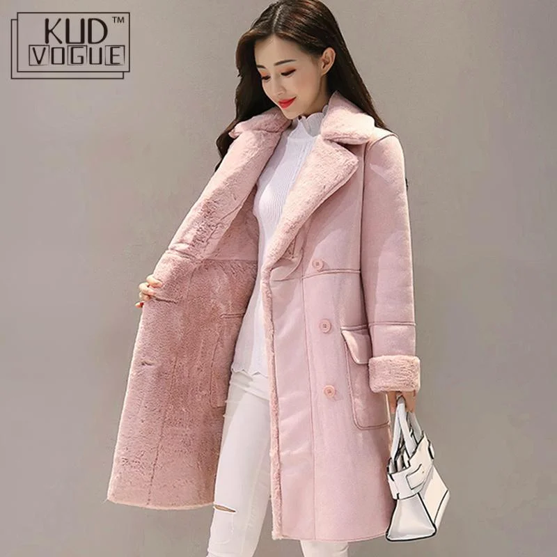 Women Suede Fur Winter Coat Double-Breasted Long Coat