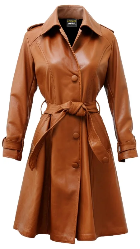 Women Tan Leather Coat - Leather Coat for Women Ruffled Collar Coat