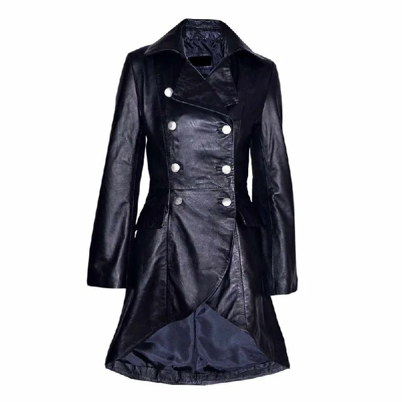Women Victorian Double Breast Black Leather Coat Lightweight Minimalist Coat