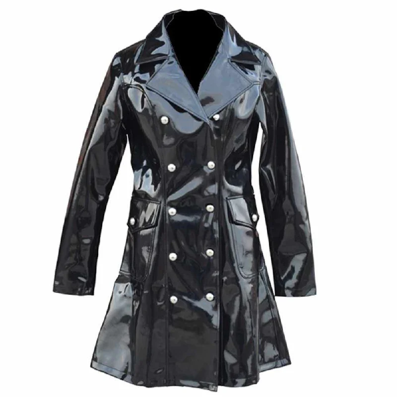 Women Military Fashion Double Breast Vinyl PVC Coat Feminine Silhouette Coat