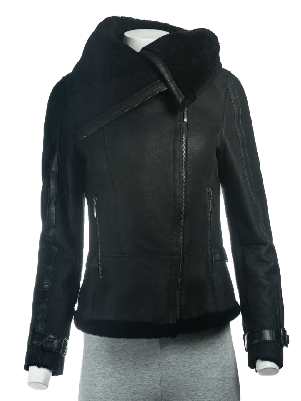 Women's B3 Black Shearling Oversized Collar Jacket | Womens Faux Sherling B3 Black Leather Jacket Reversible Winter Coat
