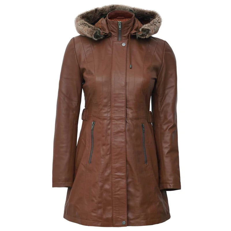 Womens Brown Leather Long Coat with Removable Fur Hood Waterfall Drape Overcoat