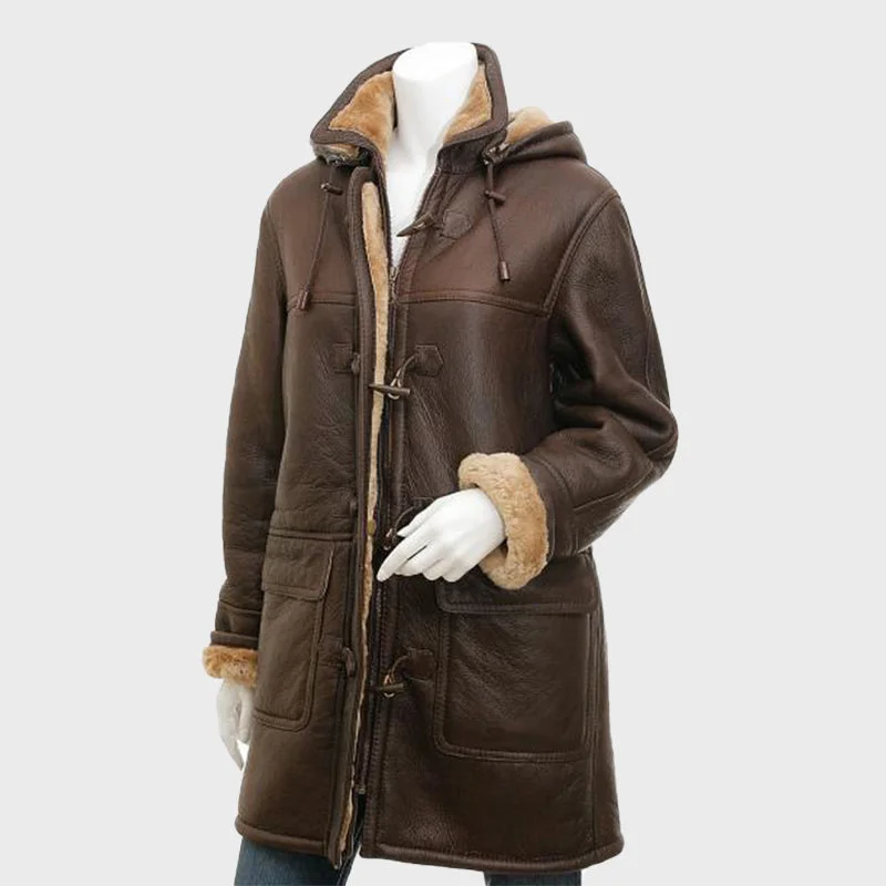 Women's Brown Sheepskin Duffle Coat With Hood Warm Layered Overcoat
