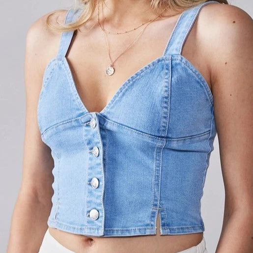 Women's Button Down Cropped Denim Tank Top in Light Blue Slim Fit Vest
