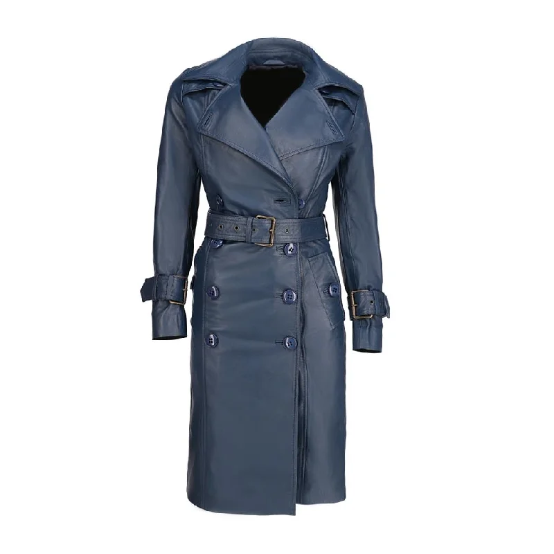 Women's Double Breasted Blue Leather Trench Coat Insulated Long Overcoat