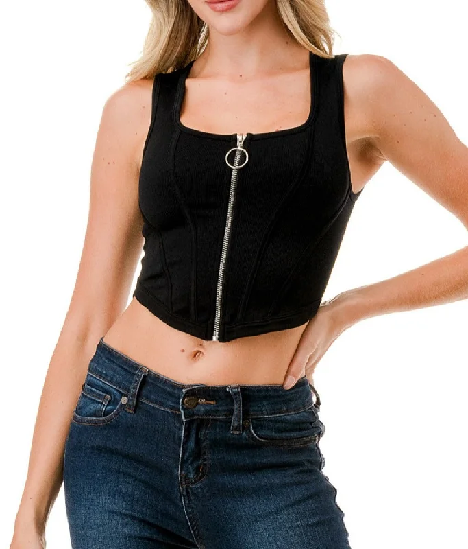 Women's Full Zipper Crop Tank Top - SUPNT86 Sleeveless Herringbone Vest