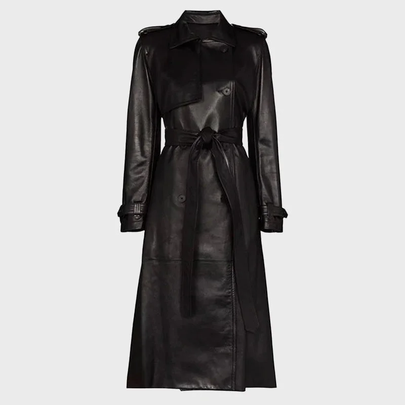 Women's Black Leather Long Coat Reversible Winter Coat