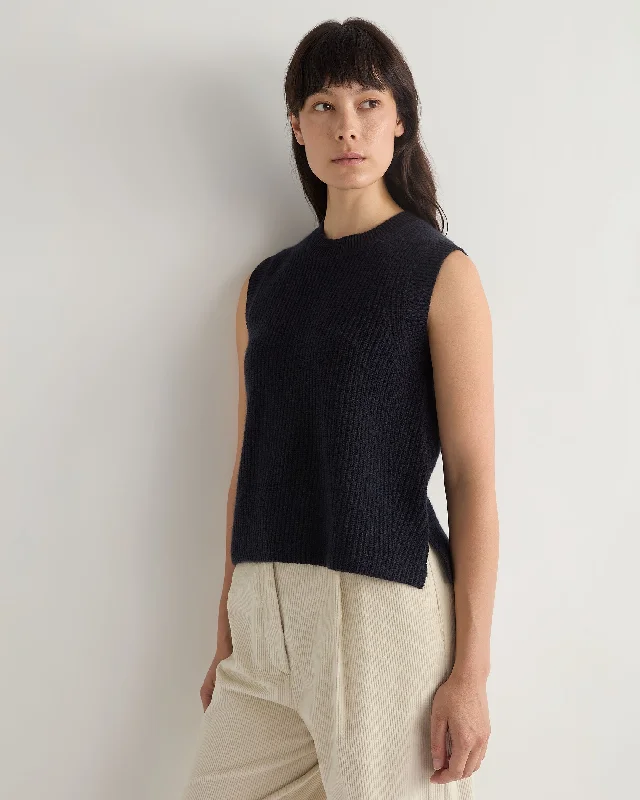 Women's Rib Round Neck Cashmere Tank Top Navy Blue Turtleneck Knit Vest