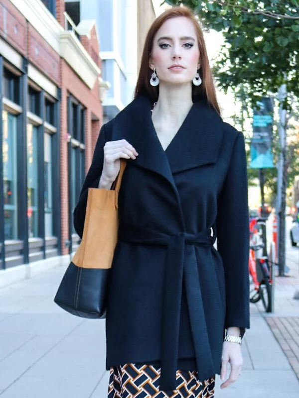 Women's Shawl Collar Wrap Coat - Short-Length - Black Parisian Style Overcoat