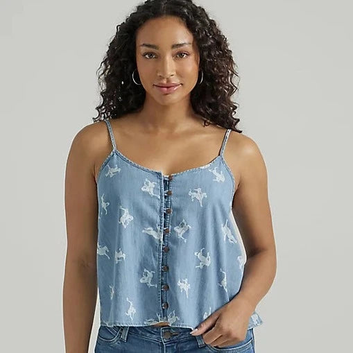 Wrangler Retro Women's Button Front Cowgirl Denim Cami in Chambray Blue Chic Trench Vest