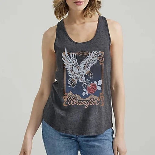 Wrangler Retro Women's Swooping Eagle Racerback Tank in Caviar Heather Fur-Trimmed Vest Coat