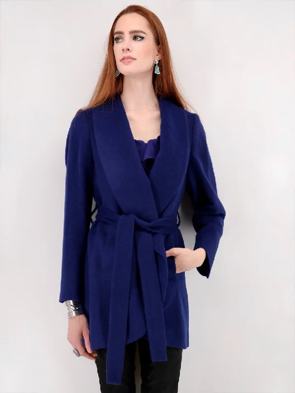 Wrap Coat with Shawl Collar in Alpaca Wool Blend - Blue Ruffled Collar Coat