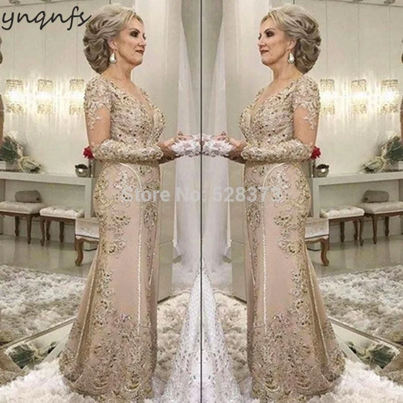 YNQNFS M07 Lace Appliques Long Sleeves Mermaid Vestidos Formal Dress Women Elegant 2020 Mother of the Bride Dresses Champagne lemon yellow tank