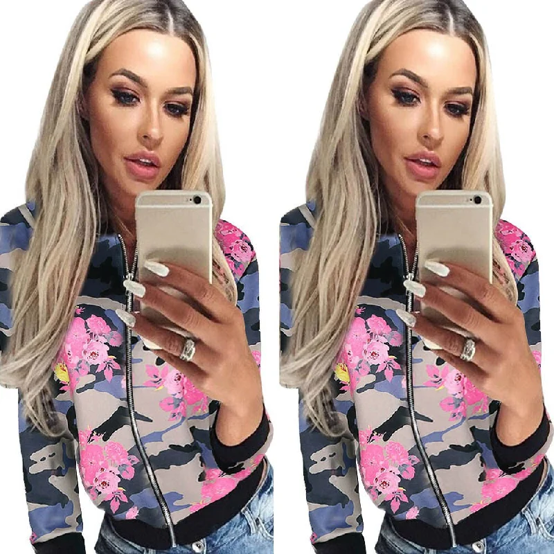 2016 Autumn Winter Vintage Women Floral Print Ladies Biker Jacket Overcoat women bomber jacket coat real photo long Sleeve #LSW Trendy Cropped Bomber