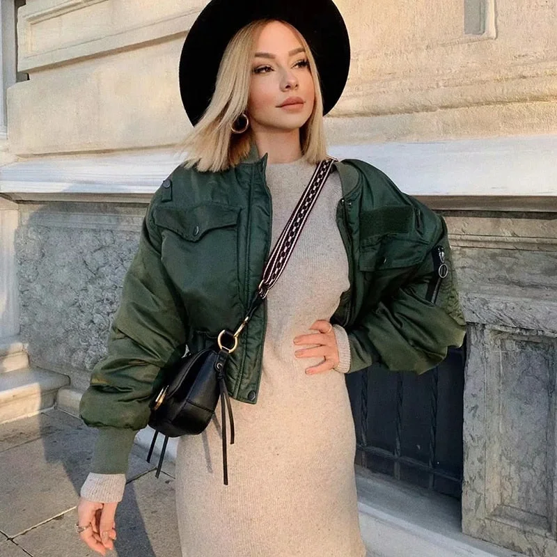 2020 stylish lady autumn winter merodi  green short jackets women fashion long sleeve zipper bomber jacket outwear women's coat Faux Fur Bomber