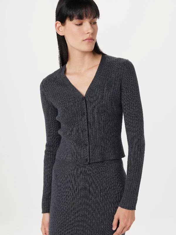 The Merino V-Neck Cardigan in Charcoal Grey Cropped Denim Overalls