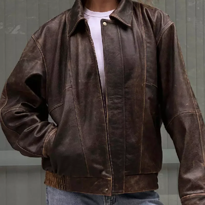 A2 Military Vintage Style Distressed Brown Real Leather Jacket Striped Ribbed Bomber