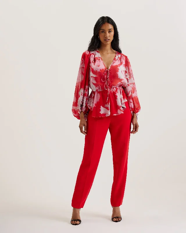 Aleria Printed Tie Front Balloon Sleeve Blouse Red Chic Belted Romper