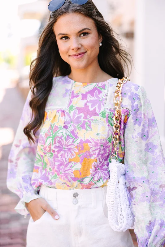 All About It Lavender Purple Floral Blouse High-Neck Overall Dress