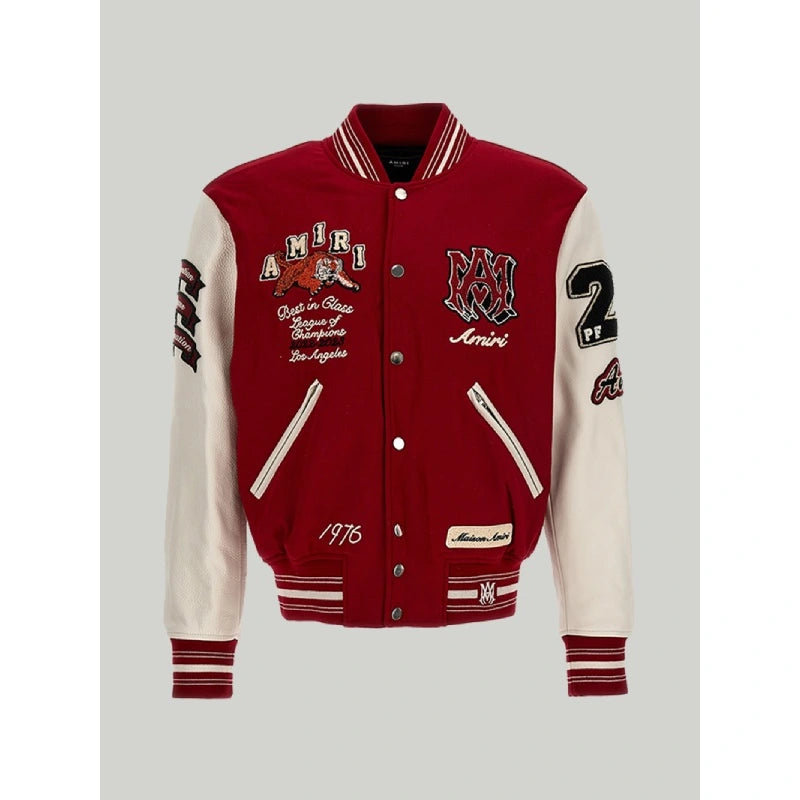 Amiri Red Letterman Varsity Jacket Embroidered Floral Bomber