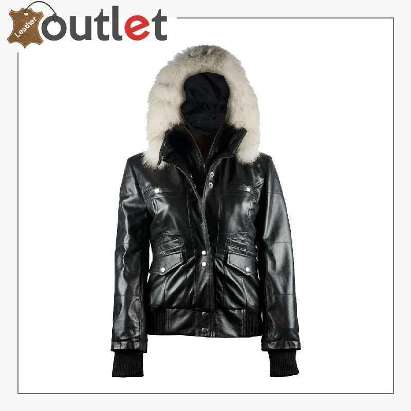 Arctic Freeze Black Bomber Womens Leather Jacket with Hoodie Windproof Running Bomber