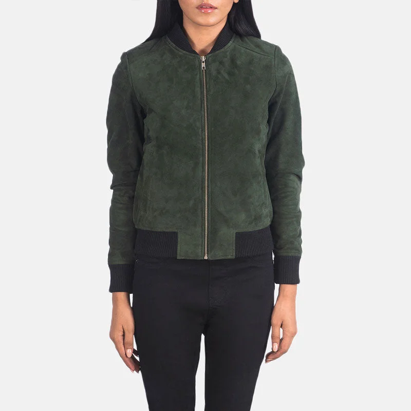 Bliss Green Suede Bomber Jacket Tiered Jacket Buttoned Jacket Zippered Jacket