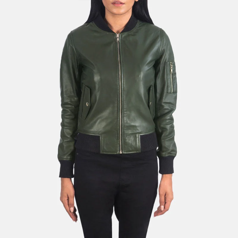 Ava Ma-1 Green Leather Bomber Jacket Tailored Jacket Straight Jacket A-Line Jacket