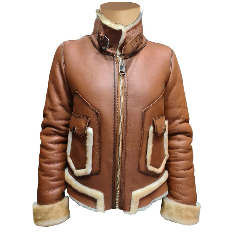 Avani's Brown Sheepskin Shearling Jacket with Cream Fur Trims Reversible Satin Bomber