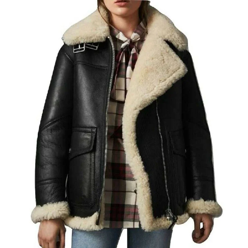 B3 Bomber Aviator Flying Black Leather Jacket Women Wool Jacket Cashmere Jacket Tweed Jacket