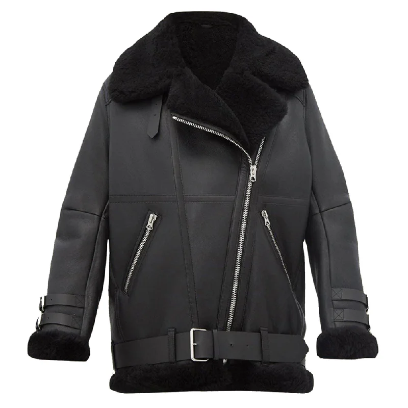 B3 Bomber Shearling Pitch Black Leather Jacket Women Wool Jacket Cashmere Jacket Tweed Jacket