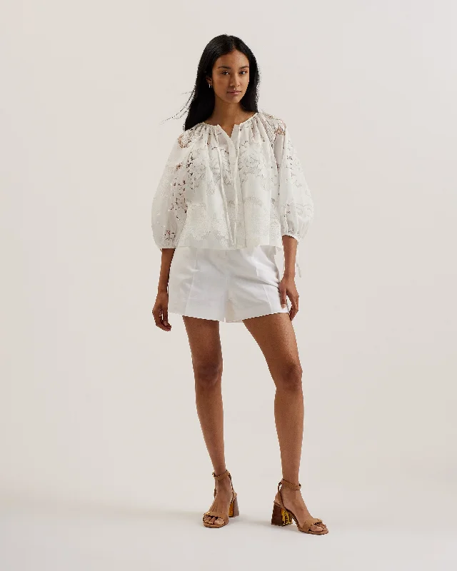 Bacina Lace Puff Sleeve Blouse White Draped Wide-Leg Jumpsuit