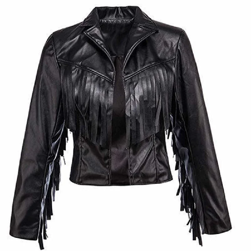 Black Bomber Fashion Fringe Leather Jacket Women Fleece Jacket Down Jacket Parka
