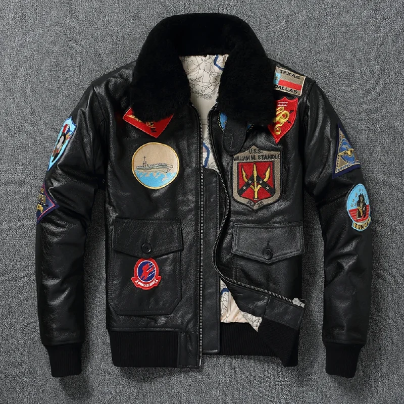 Black G1 Women's Bomber Top Gun 100% Leather with Fur Collar High Quality Jacket Fleece Jacket Down Jacket Feather Jacket