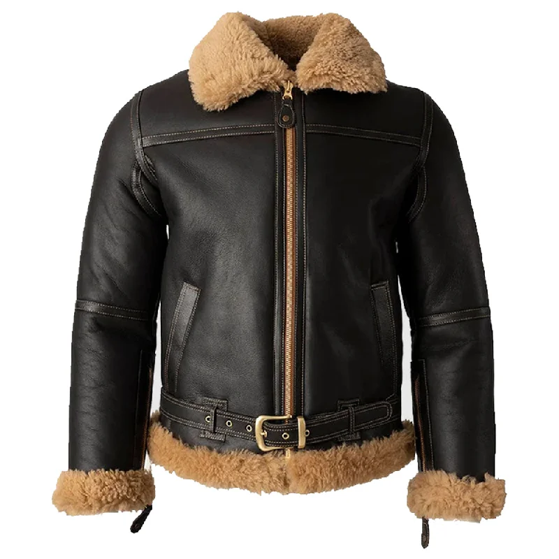 Black Leather B3 Shearling Bomber Jacket Welt Pockets Slit Pockets Flap Pockets