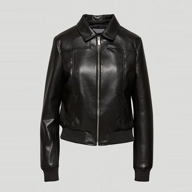 Black Women Aviator Sheepskin Shearling Motorbike  Leather Bomber Jacket Wool Fabric Cashmere Fabric Tweed Fabric
