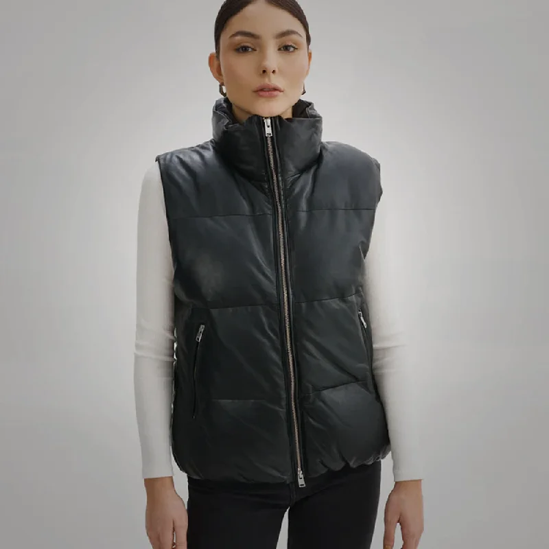 Black Women Sheepskin Bubble Puffer Leather V-Bomber Vest Bright Neon Bomber