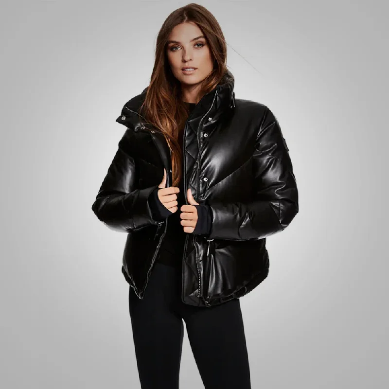 Black Women Sheepskin Bubble V-Bomber Leather Jacket Hooded Winter Bomber