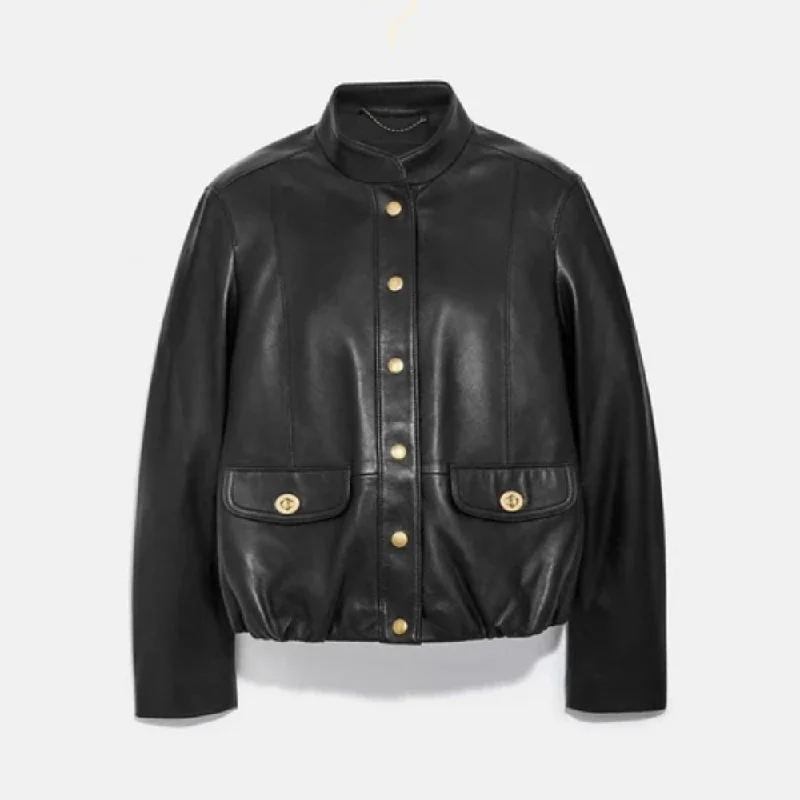 Black Women's Aviator Biker Sheepskin Shearling Leather Jacket Wool-Blend Bomber Coat