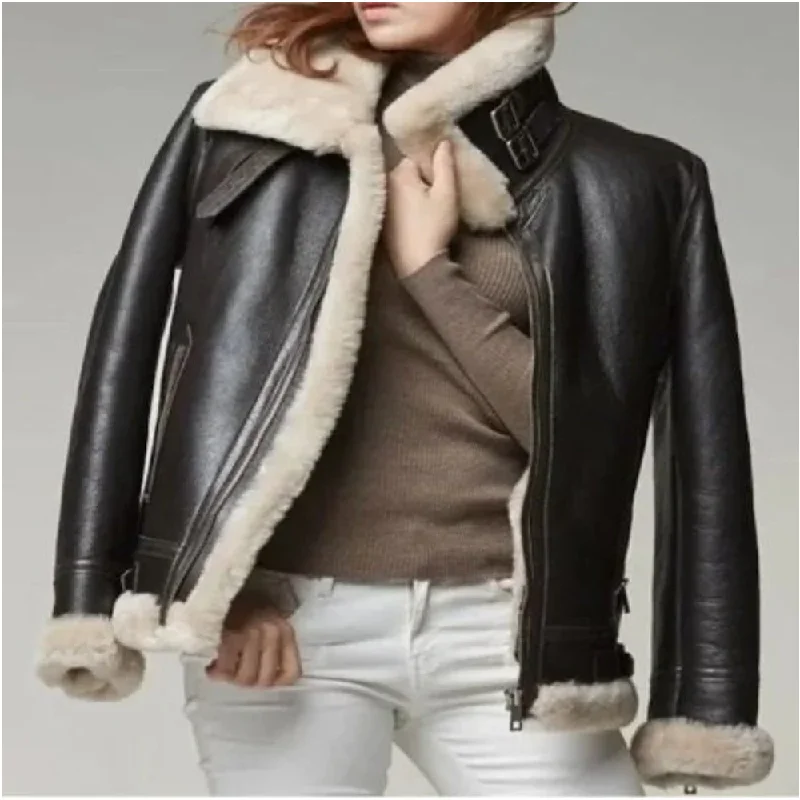 Black Women's Sheepskin Shearling B3 Bomber Leather Jacket Relaxed Fit Bomber