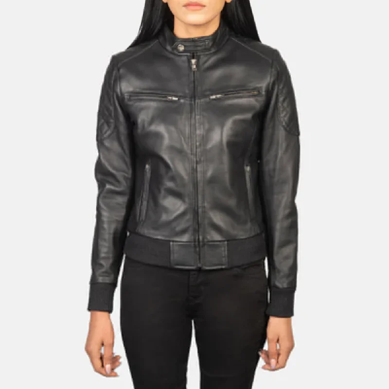 Black Zenna Bomber Leather Jacket Turtleneck Collar Bomber