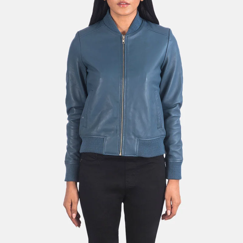Bliss Blue Leather Bomber Jacket Boat Neck Shawl Collar Notched Collar