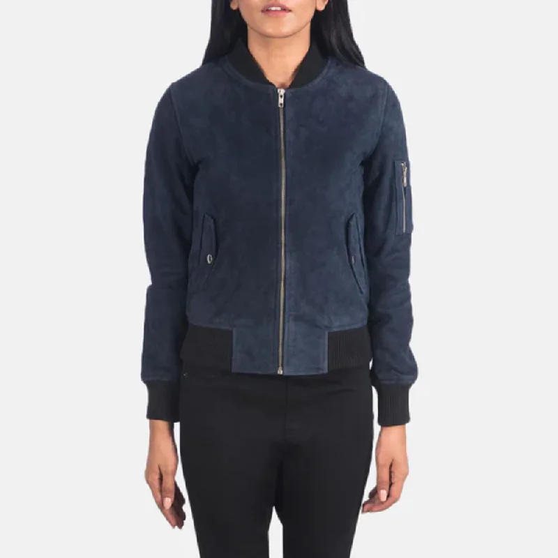New Women Blue Ava Ma-1 Suede Bomber LEATHER Jacket Gold Zipper Bomber