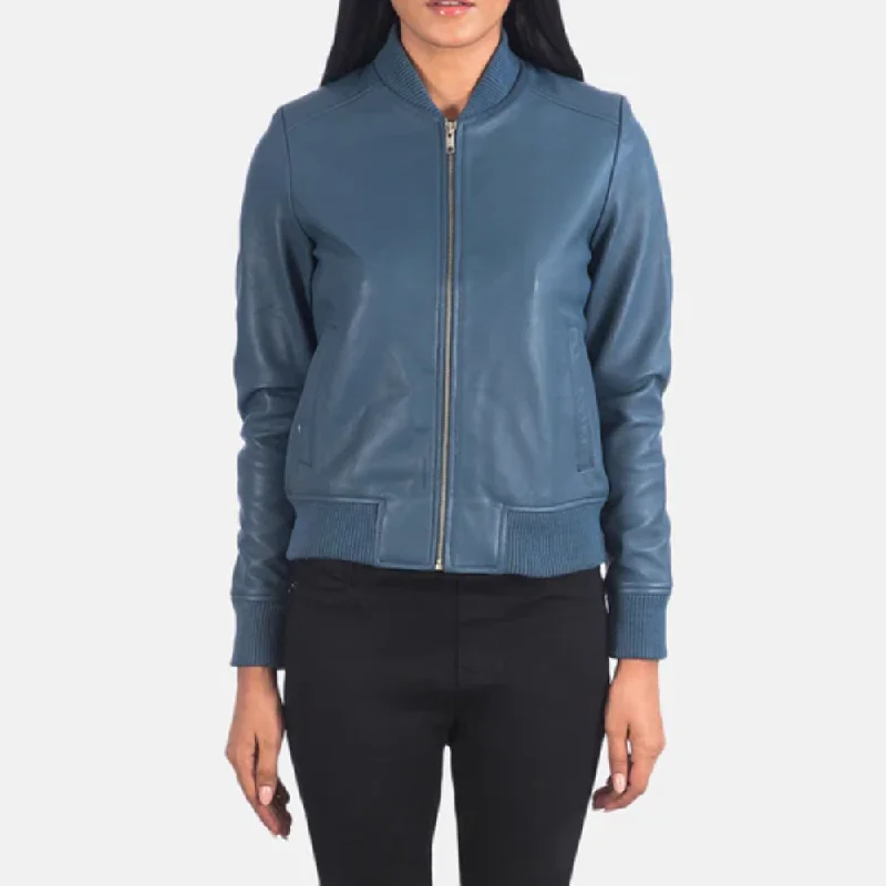 New Sheepskin Blue Bliss Bomber Leather Jacket For Women High-Street Trend Bomber