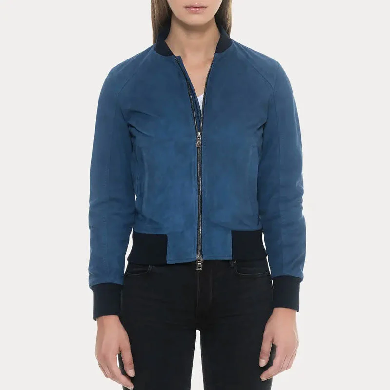 Blue Suede Bomber Jacket with Black Rib Knit Collar & Cuffs Mesh Jacket Canvas Jacket Denim Jacket