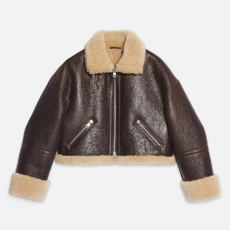 Brown aviator jacket womens High-Shine Patent Bomber