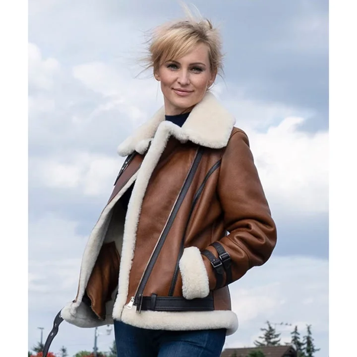 Brown B3 RAF Aviator Shearling Leather Jacket for Women Notch Collar Jacket Peter Pan Collar Jacket Cowl Neck Jacket